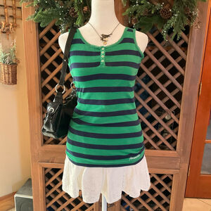 Y2K Aéropostale Green & Navy Striped Stretch Lace Trim Tank Top Womens XL